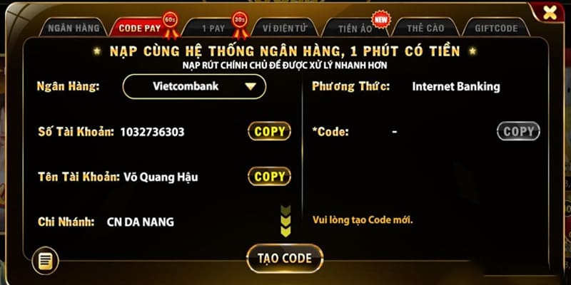 Nạp tiền GO88 thông qua Code Pay