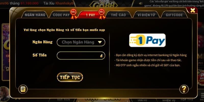 Nạp tiền GO88 thông qua hệ thống Internet Banking