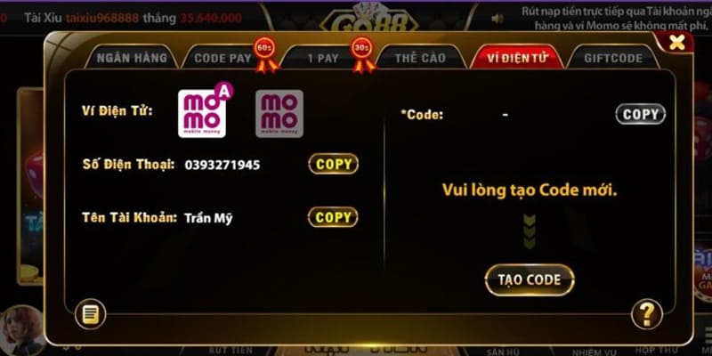 Nạp tiền GO88 thông qua Ví điện tử